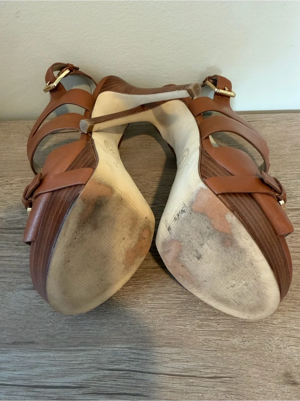 Michael Kors Tan Leather Platform Stiletto Sandals with MK Medallion